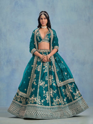 Rajwada Teal Art Silk Embroidered Semi-Stitched lehenga For Women