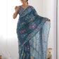 Rajwada Teal Chinon Printed Saree With Unstitched Blouse For Women