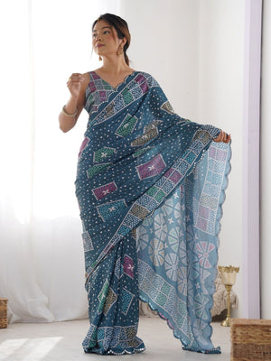 Rajwada Teal Chinon Printed Saree With Unstitched Blouse For Women