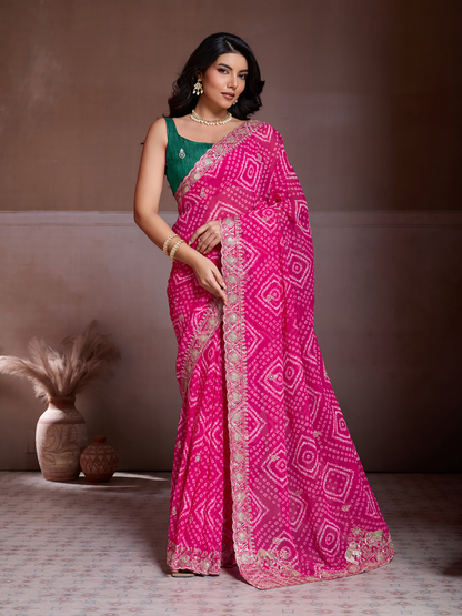 Rajwada Pink Georgette Embroidered Saree For Women