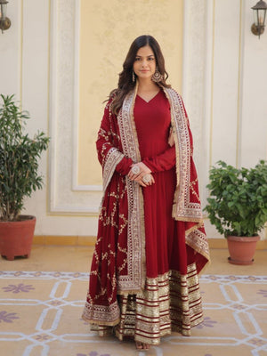 Rajwada Maroon Georgette Stitched Gown With Dupatta For Women
