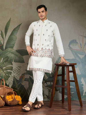 Rajwada White Silk Blend Embroidered Stitched Kurta Set For Men