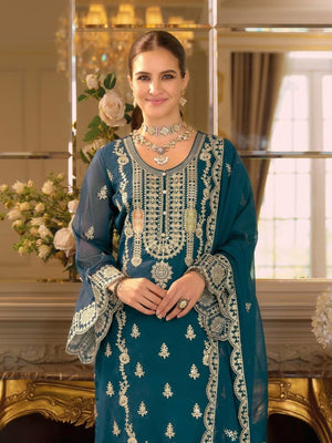 Rajwada Teal Blue Chinon Embellished Semi Stitched Kurta Set For Women