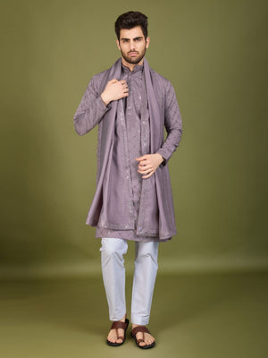Rajwada Purple Viscose Silk Embellished Stitched Kurta For Men