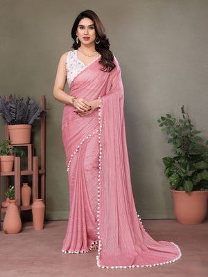 Rajwada Pink Banglori Lace Work Saree With Unstitched Blouse For Women