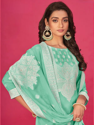 Rajwada Green Organza Embroidered Semi-Stitched Kurta Set For Women