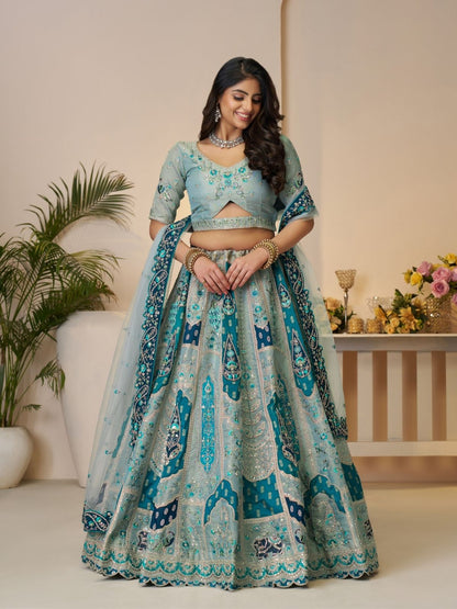 Rajwada Sky Blue Banarasi Silk Embroidered Semi-Stitched Lehenga For Women