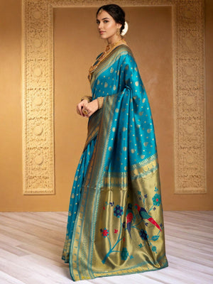 Rajwada Sky Blue Silk Blend Woven Pithani Saree For Women