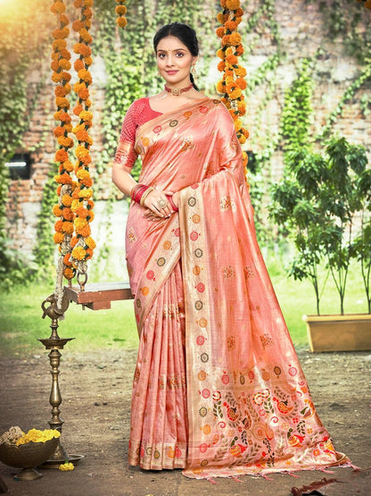 Rajwada Peach Silk Blend Printed Saree For Women