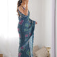 Rajwada Teal Chinon Printed Saree With Unstitched Blouse For Women