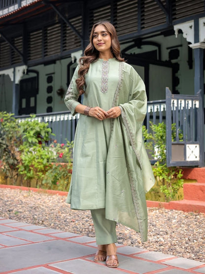 Rajwada Light Green Silk Blend Embroidered Stitched Kurta Set For Women
