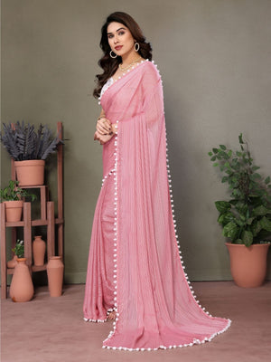 Rajwada Pink Banglori Lace Work Saree With Unstitched Blouse For Women