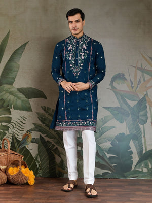 Rajwada Blue Viscose Silk Embroidered Stitched Kurta For Men
