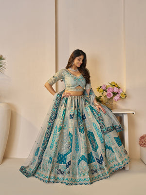 Rajwada Sky Blue Banarasi Silk Embroidered Semi-Stitched Lehenga For Women