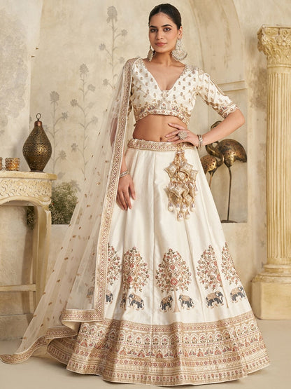 Rajwada Off White Silk Blend Embroidered Semi-Stitched Lehenga For Women