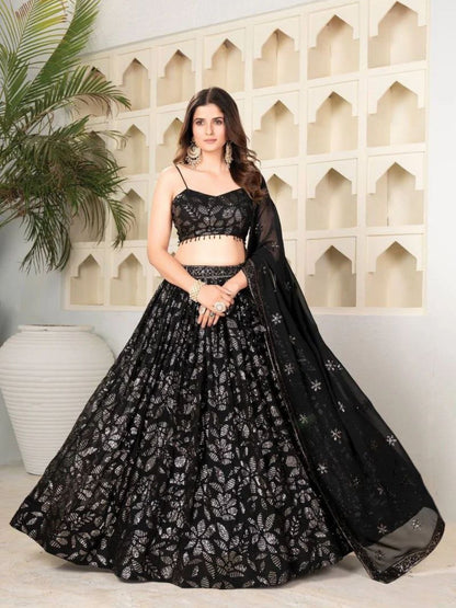 Rajwada Black Georgette Embellished Semi Stitched Lehenga For Women