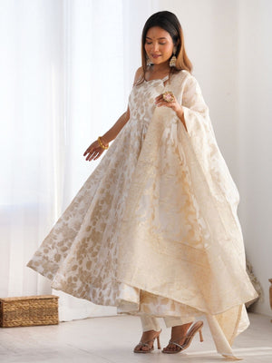 Rajwada White And Gold Silk Blend Embellished Kurta Set For Women