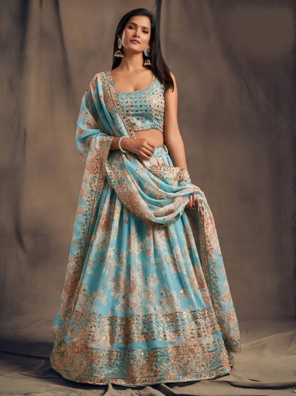Rajwada Aqua Blue Organza Printed And Embriodered Semi-Stitched Lehenga For Women