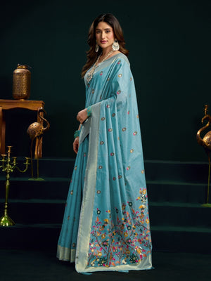 Rajwada Sky Blue Cotton Blend Printed Saree For Women