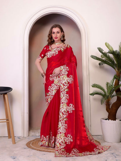 Rajwada Red Organza Embroidered Solid Saree For Women