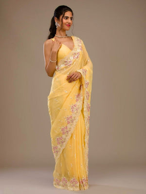 Rajwada Yellow Crush Embroidered Saree For Women