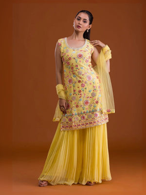 Rajwada Yellow Georgette Embroidered Semi-Sitched Kurta Set For Women
