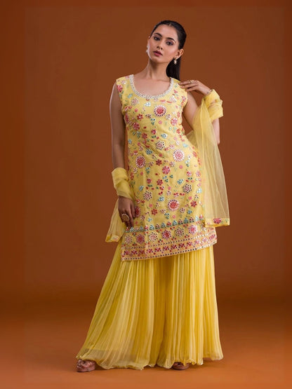 Rajwada Yellow Georgette Embroidered Semi-Sitched Kurta Set For Women