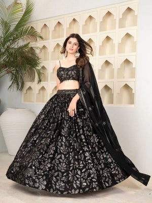 Rajwada Black Georgette Embellished Semi Stitched Lehenga For Women
