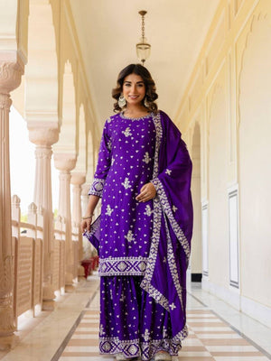 Rajwada Purple Chiffon Embroidered Stitched Kurta Set For Women