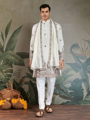 Rajwada White Viscose Silk Embroidered Stitched Kurta For Men