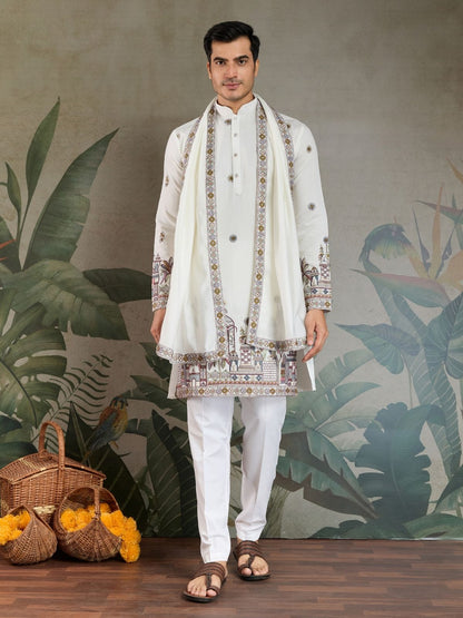 Rajwada White Viscose Silk Embroidered Stitched Kurta For Men