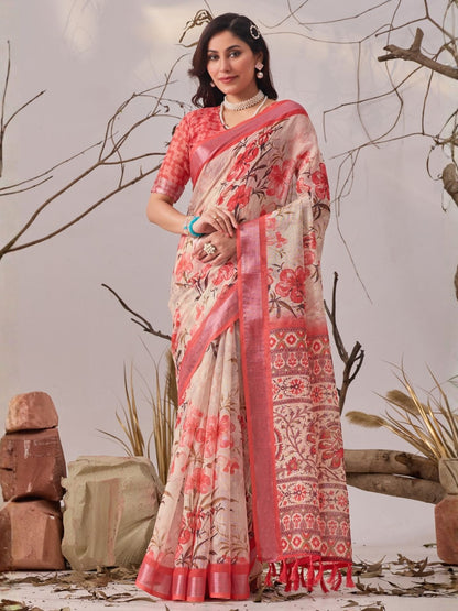 Rajwada Multicolor Linen Cotton Printed Saree For Women