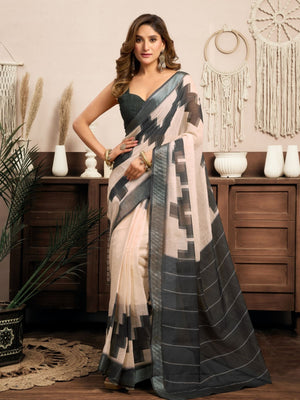 Rajwada Off White And Grey Cotton Linen Zari Work Saree For Women