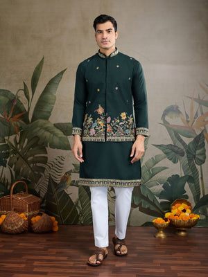 Rajwada Dark Green Cotton Blend Embroidered Stitched Kurta For Men