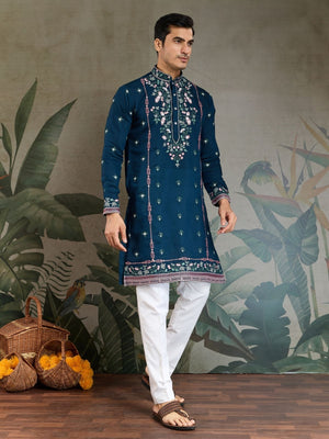 Rajwada Blue Viscose Silk Embroidered Stitched Kurta For Men