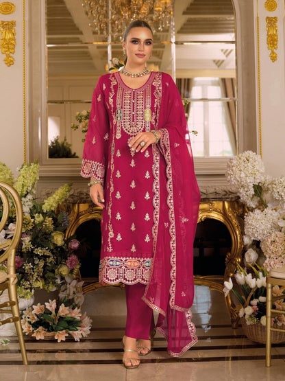 Rajwada Magenta Chinon Embellished Semi Stitched Kurta Set For Women