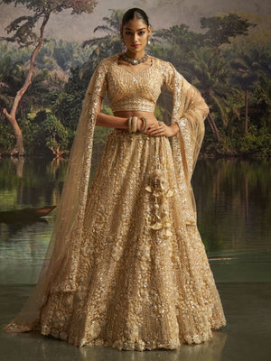 Rajwada Beige Net Embellished Semi-Stitched Lehenga For Women