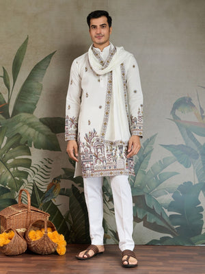 Rajwada White Viscose Silk Embroidered Stitched Kurta For Men