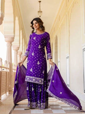 Rajwada Purple Chiffon Embroidered Stitched Kurta Set For Women
