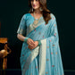 Rajwada Sky Blue Cotton Blend Printed Saree For Women