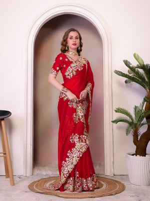 Rajwada Red Organza Embroidered Solid Saree For Women