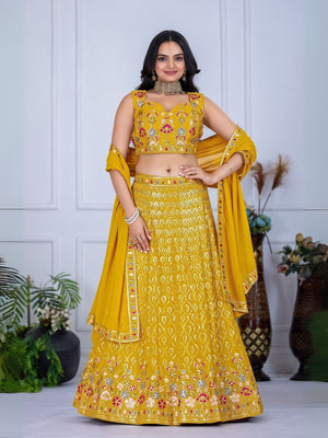 Rajwada Yellow Georgette Embroidered Semi-Stitched lehenga For Women