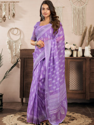 Rajwada Lavender Cotton Linen Zari Work Saree For Women