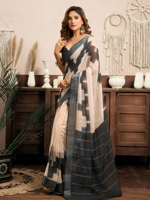 Rajwada Off White And Grey Cotton Linen Zari Work Saree For Women