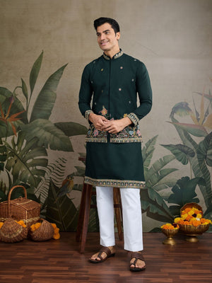 Rajwada Dark Green Cotton Blend Embroidered Stitched Kurta For Men