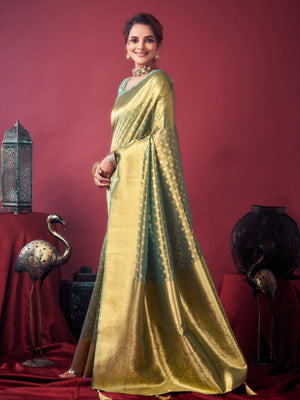 Rajwada Sage Green Silk Blend Solid Saree For Women