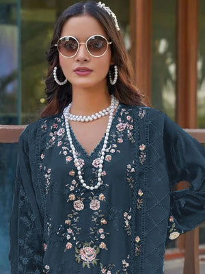 Rajwada Navy Blue Georgette Embellished Semi-Stitched Kurta Set For Women