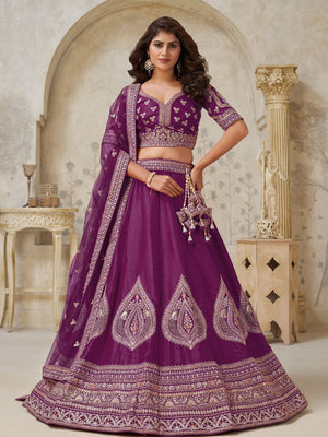 Rajwada Wine Silk Blend Embroidered Semi-Stitched Lehenga For Women