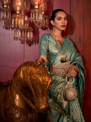 Rajwada Green Silk Blend Woven Saree With Unstitched Blouse For Women