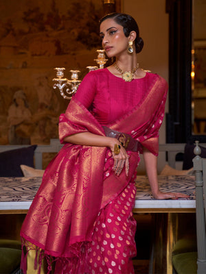 Rajwada Pink Silk Blend Woven Saree With Unstitched Blouse for Women